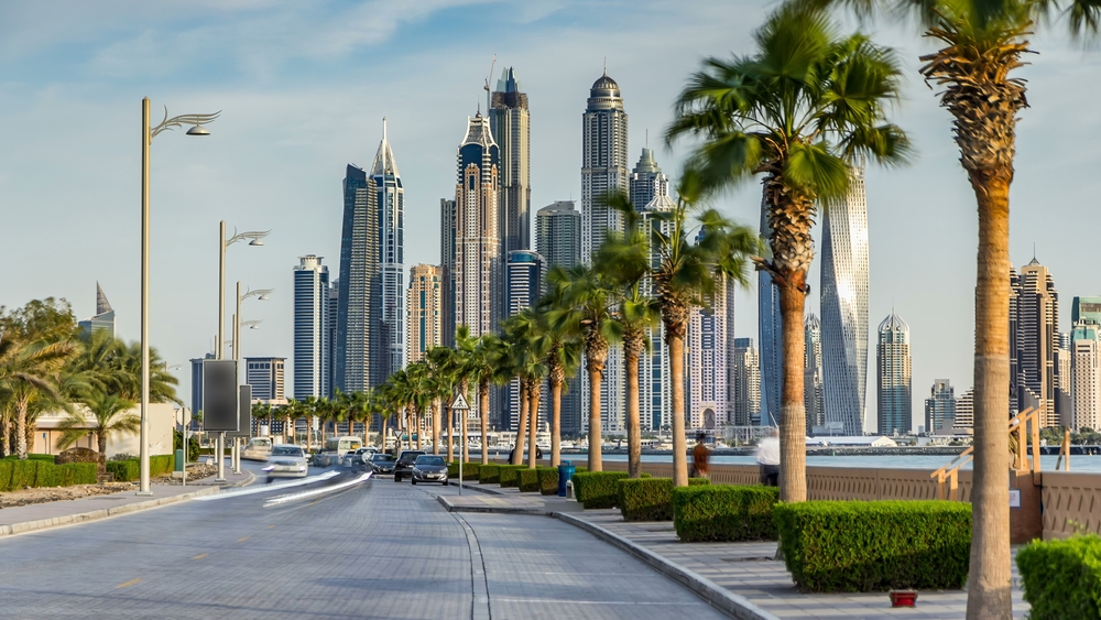 Dubai Marina skyline showing proximity to Al Marjan Island - only 45 minutes drive to Dubai international airport and business district