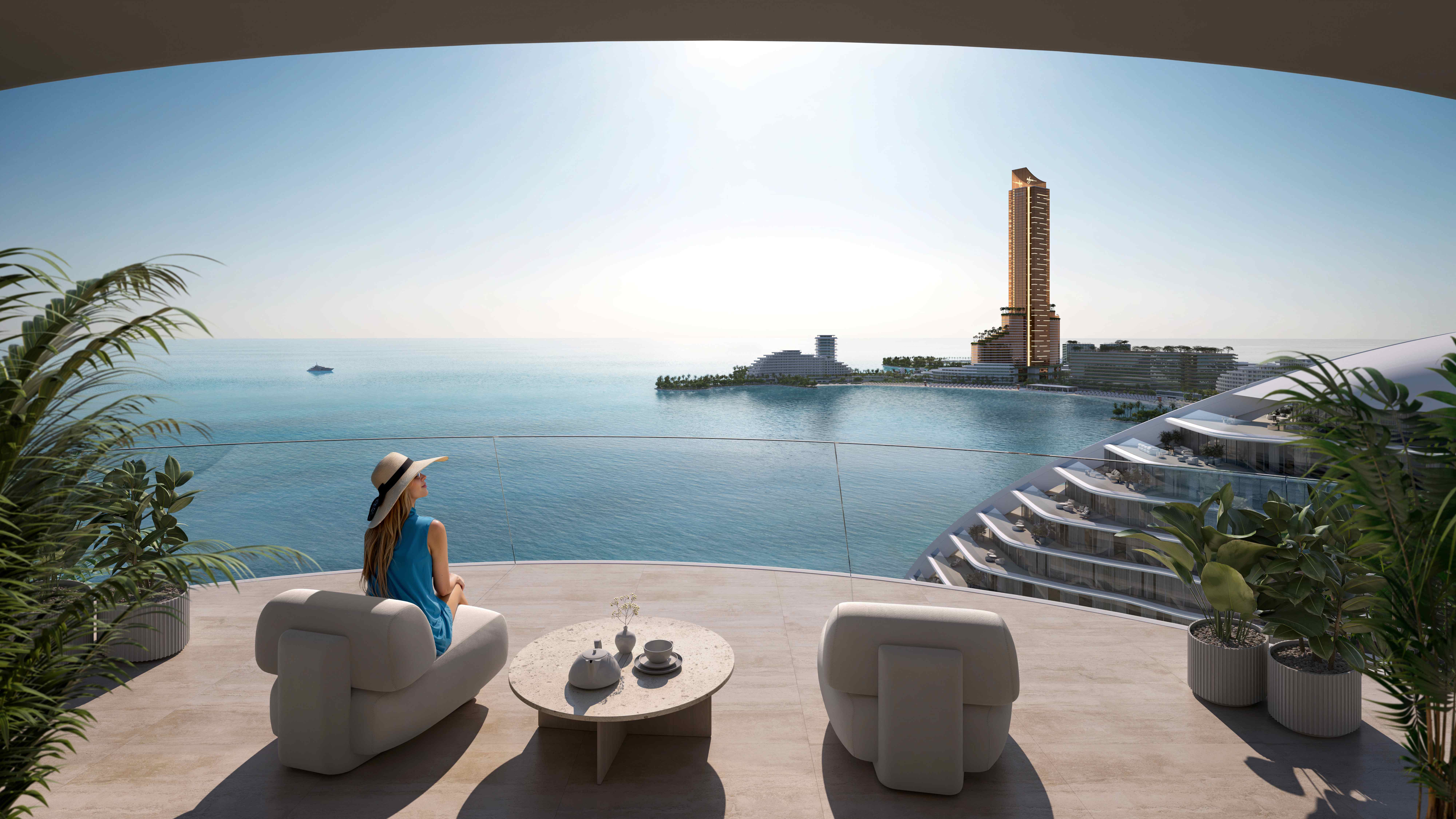 Private rooftop terrace with infinity pool, modern curved furniture, palm trees, and panoramic views of Arabian Gulf and Wynn tower at Al Marjan Island luxury residences